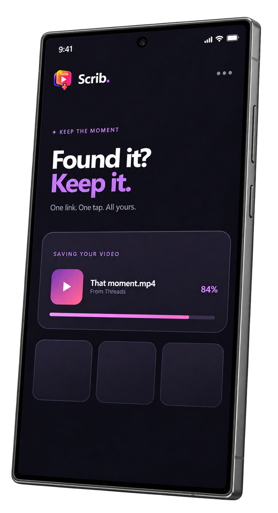 Samsung phone showing Scrib saving a Threads video